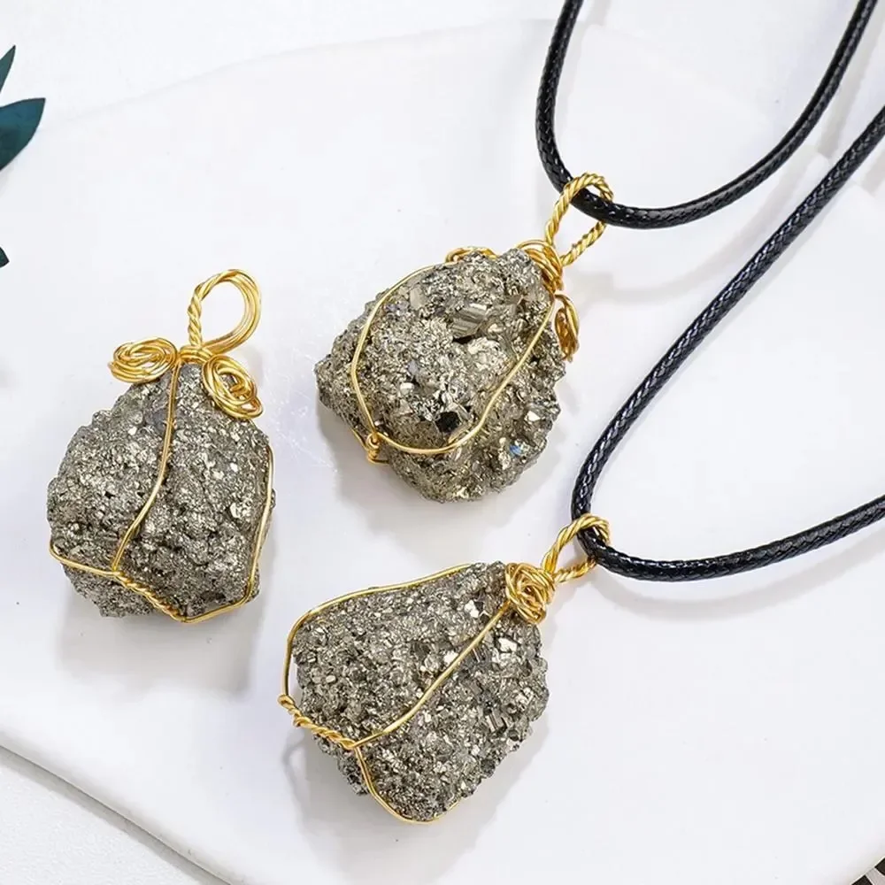 Necklace Raw Pyrite Stone Mineral Crystal Teaching Specimens Natural Crystal Stone Wire Wrapped Raw Stone Pendant Gifts