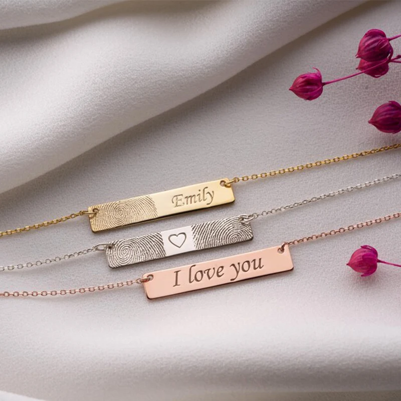 Customized Horizontal Bar Fingerprint Necklace Stainless Steel Carving Actual Fingerprint Womens Jewelry Can Handwriting Pendant
