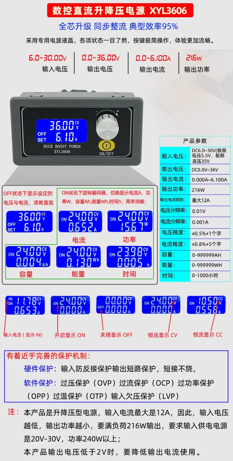 XYL3606 CNC DC regulated power supply, constant voltage and constant current maintenance, 36V6A automatic buck-boost module