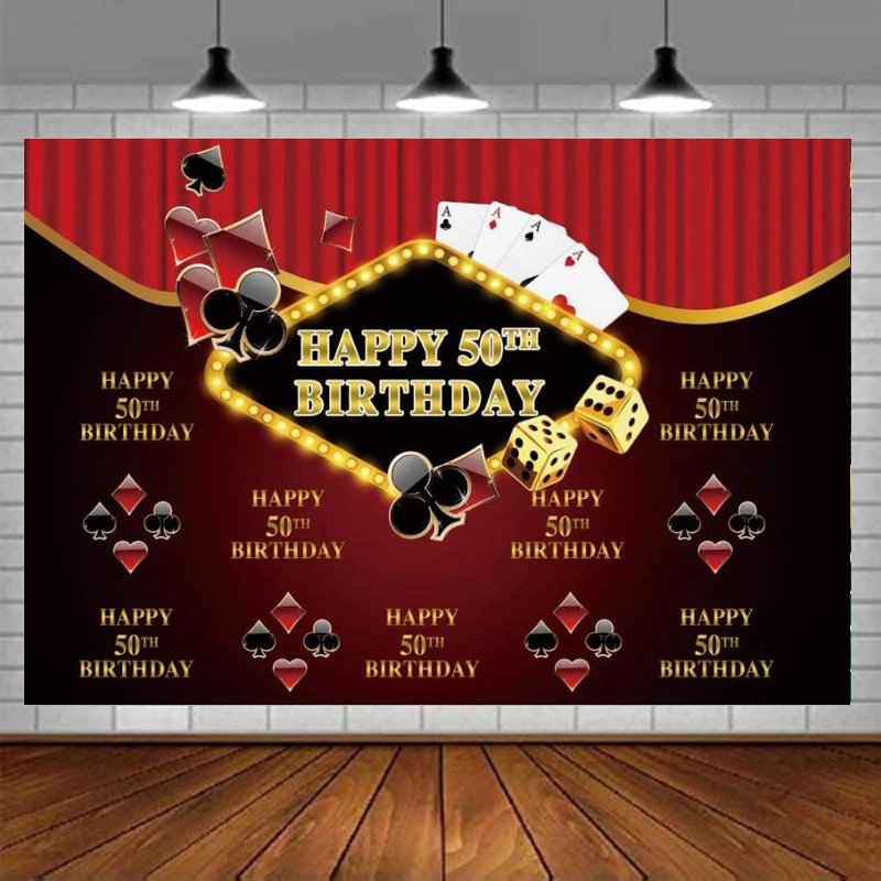 tema-de-cassino-feliz-50th-aniversario-fotografia-pano-de-fundo-dados-poker-padrao-cartao-jogo-festa-fundo-cortina-vermelha-estudio-foto