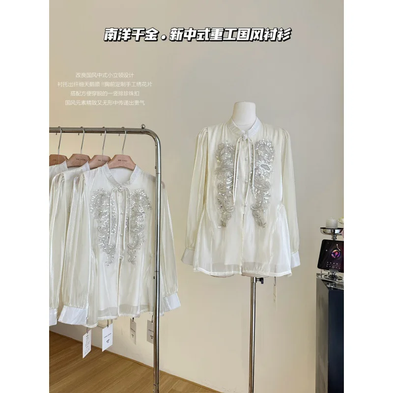 

New Chinese style heavy industry standing collar tie up chiffon shirt for women's summer Chinese style unique super fairy top