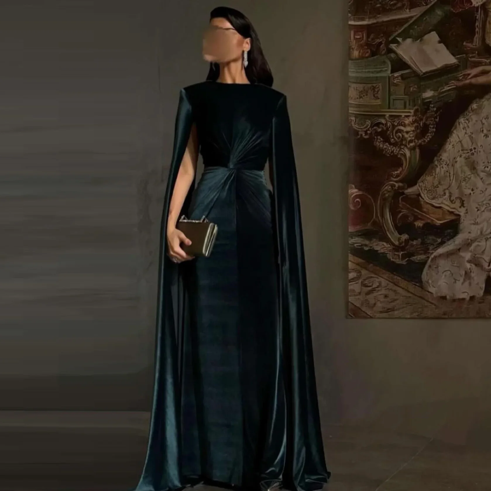 

Customized Graceful Velvet Straight Evening Dress Temperament Long Sleeves O-neck Floor Length فستان سهرة نسائي