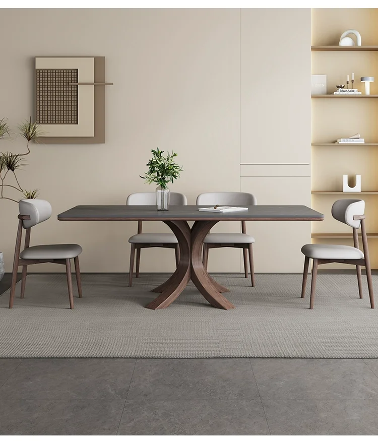 Nordic solid wood dining table and chairs, rectangular household walnut color, modern simple and luxurious matte white wax wood