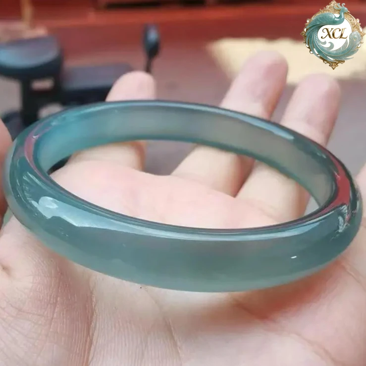

Myanmar Jadeite Bracelet - Ice Seed Old Pit White Moonlight, Blue Water Positive Circle Design, New Jade Bangle