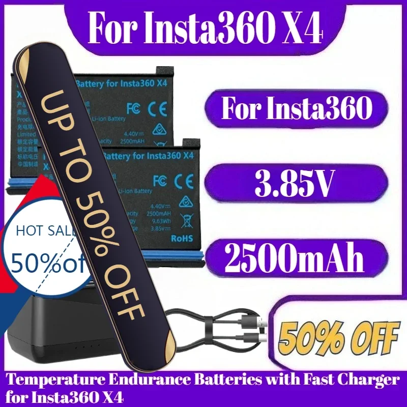 

2500mAh For Insta360 X4 3.85V High Capacity Battery Low Temperature Endurance Batteries with Fast Charger for Insta360 X4