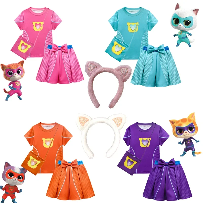 SuperKitties Cartoon Print Girl's Short Sleeve Pleated Skirt Three-Piece Set with Headband and Bag Cosplay Costume