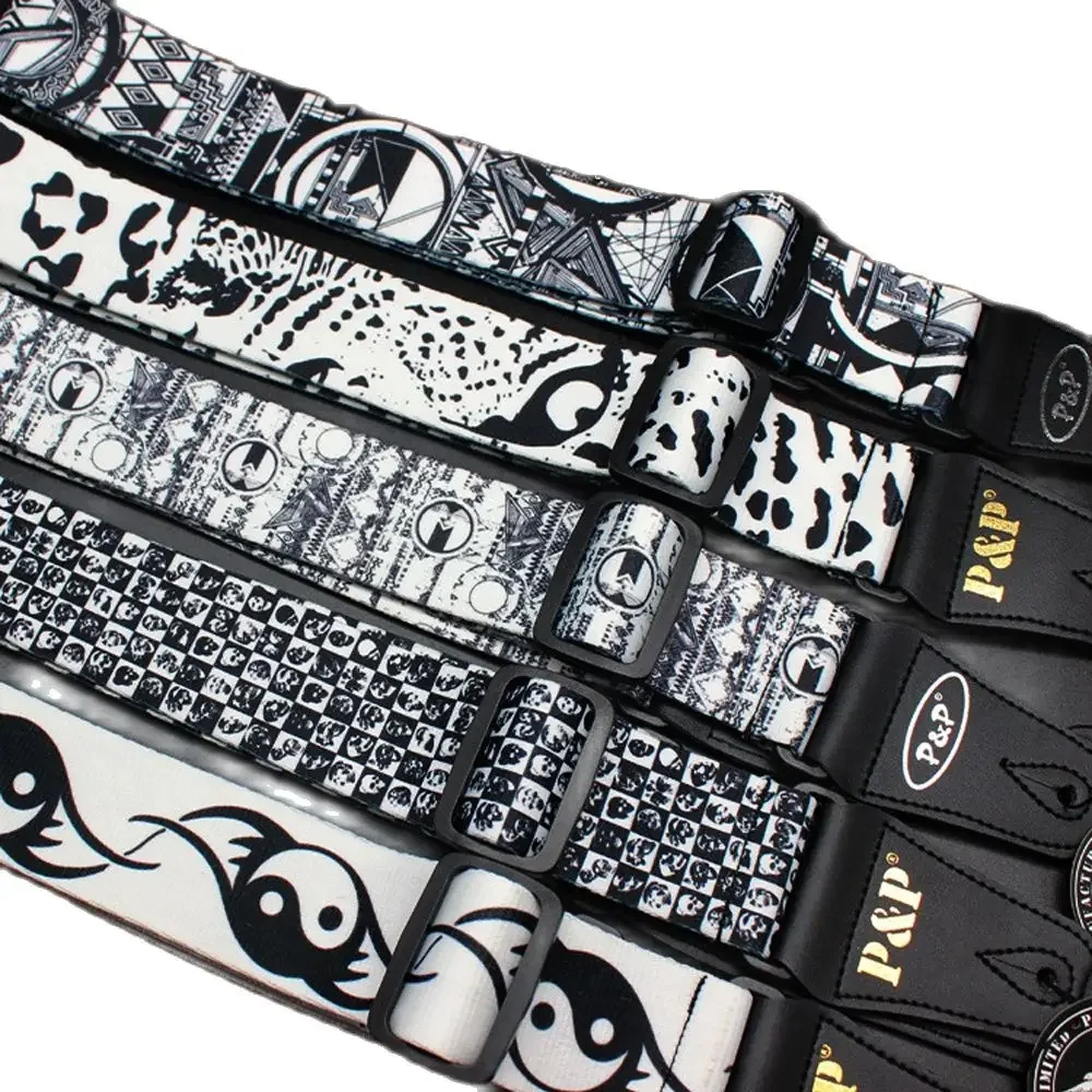 2024 Adjustable Quality Cotton Popular Black White Map Thermal Printing Guitar Strap for Electric Acoustic Folk Wood Bass Belt