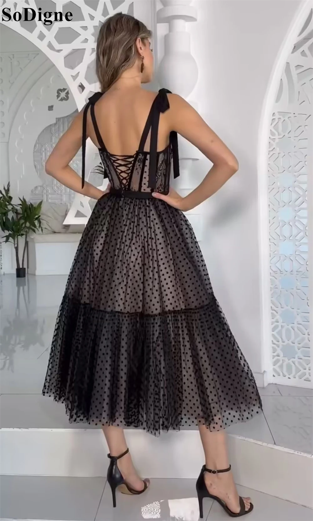 SoDigne Elegant Black Dot Tulle Evening Dresses A-Line Bow Spaghetti Strap Pleated Party Dress Tea Length Prom Gowns Customized