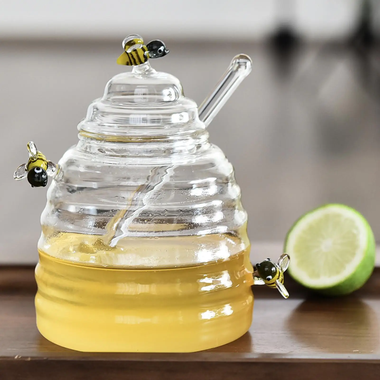 Tarro de miel de abeja de 500ml, tarro de miel de vidrio transparente con tapa, tarro decorativo bonito en forma de abeja, tarro de almacenamiento de miel para el hogar