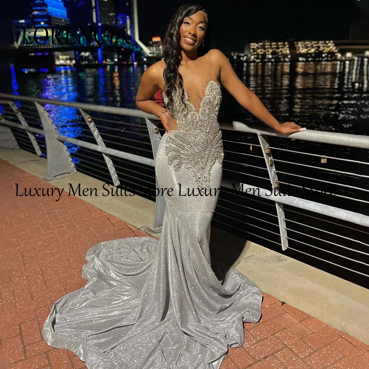 Exquisite Long Mermaid Prom Dress Sparkly Beads Crystal Rhinestones Sheer Mesh Luxury Birthay Party Gown For Wedding Event