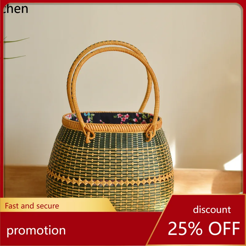 YFY Handmade Basket for Storage, Picnic and Travel, Hand-woven Bamboo Handbag