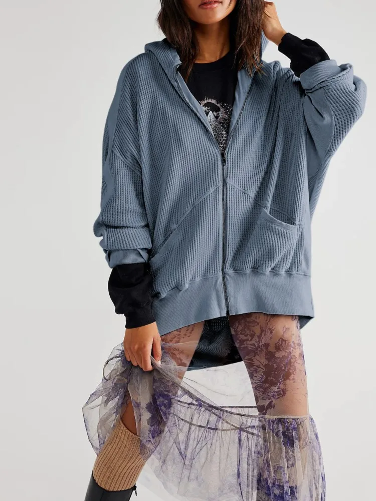 Herbst Und Winter Waffel Strickjacke Zipper Straße Mit Kapuze Sweatshirt frauen Faul Stil Lose Einfarbig Lange-ärmeln Jacke tops