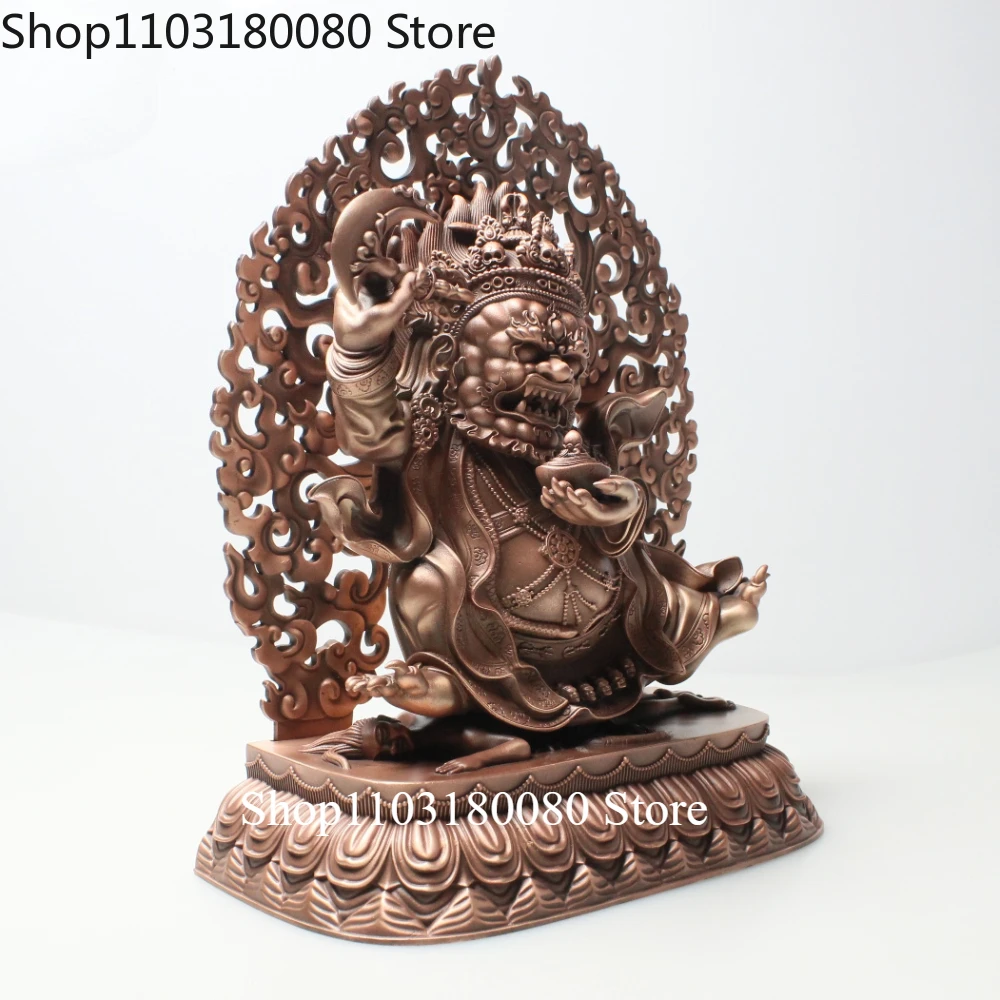 Red Copper Carved Black Robe Mahahala Statue Vajra Guardian Two-Armed Mahakala Sculpture, 23cm,15cm