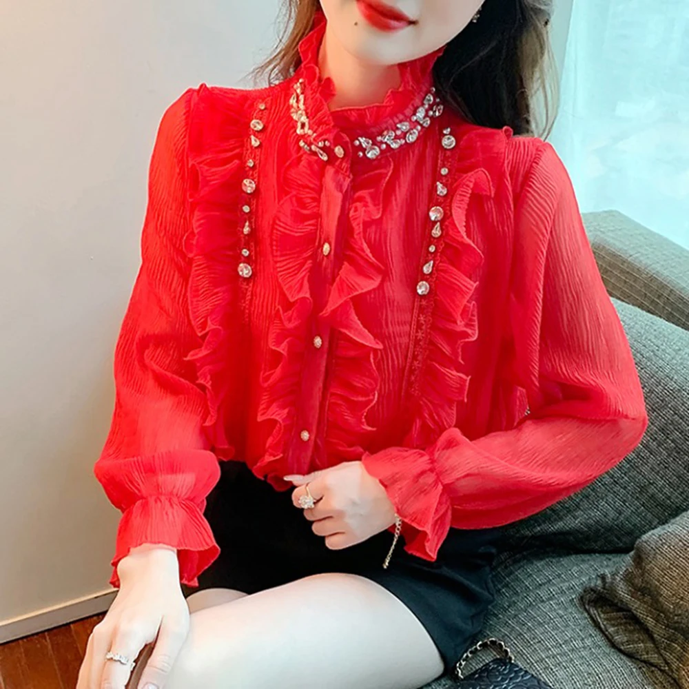 Heavy Wooden Ear Beaded Stand Single-Breasted Shirt for Women 2022 Spring New Fashion Sweet Fairy Lace Flare Sleeve Blouse