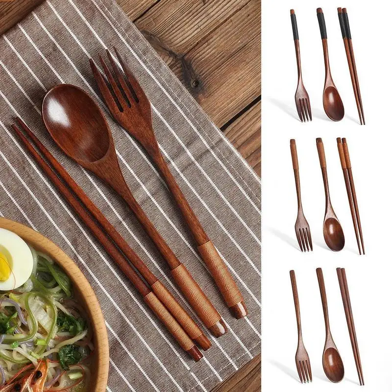 Neue handgemachte japanische Naturholz Essstäbchen Löffel Gabel Geschirr Set Reiss uppe Bambus Utensilien Home Küche Geschirr Anzug