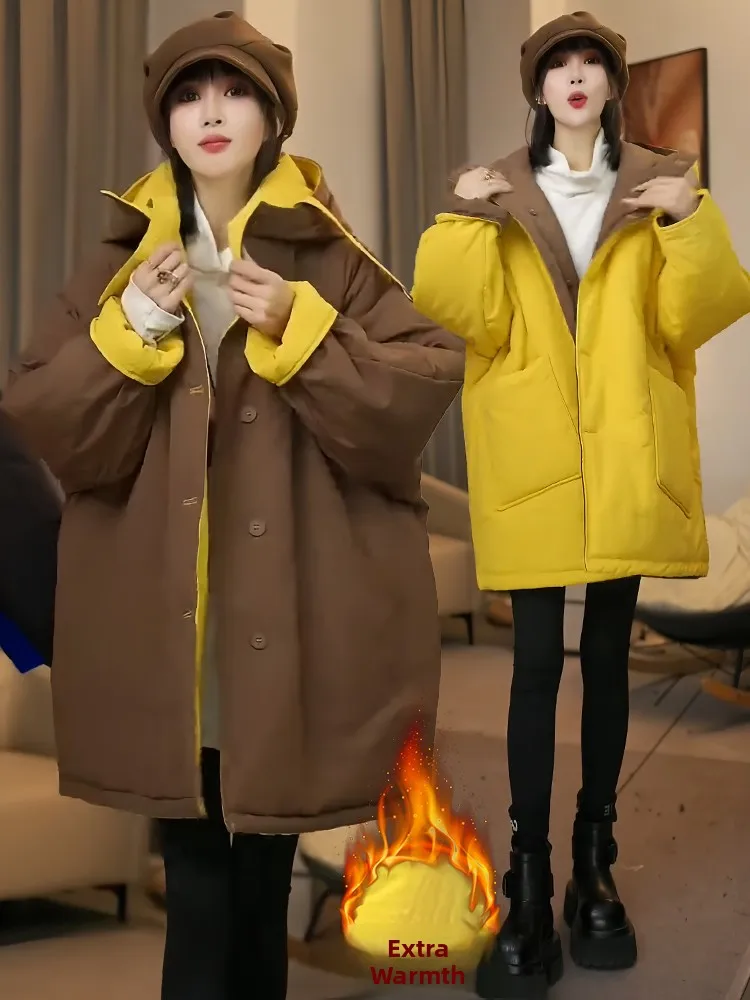 

Женская двусторонняя шапка Thiened Cotton Jaet с поясом, корейская длинная шапка для поездок на работу, средней длины, на одной пуговице, чистая C...