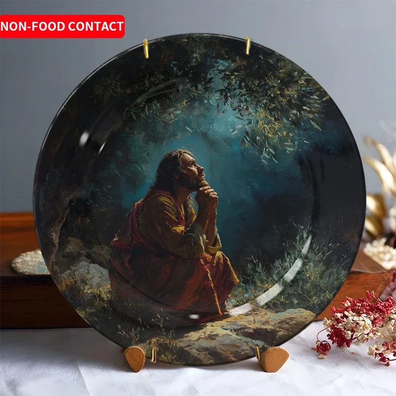 1pc Serene Forest Scene Ceramic Decorative Plate - Hand-Painted Rock & Meditative Figure Art, Non-Food Contact Home Wall Decor