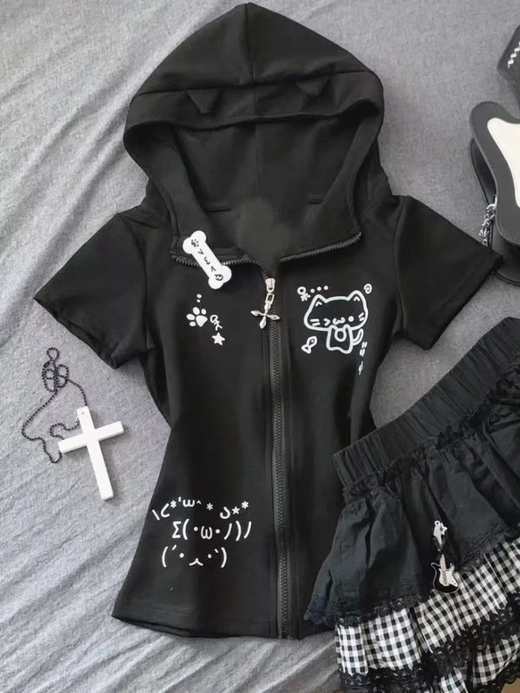 

Japanese Kawaii Thin Short Sleeve T-Shirts Women Design Casual Slim Hooded Tops Female Summer Sweet New Zipper Lovely Outfits