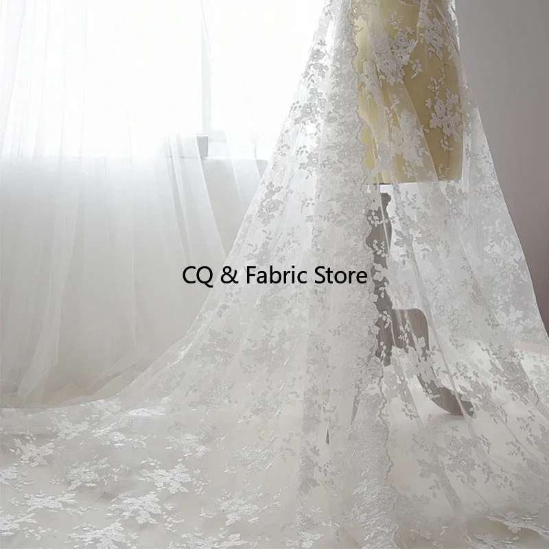 

White Mesh Flower Embroidery Lace Fabric Tulle Fabric For Wedding Dress Clothing Designer Fabric by the meter