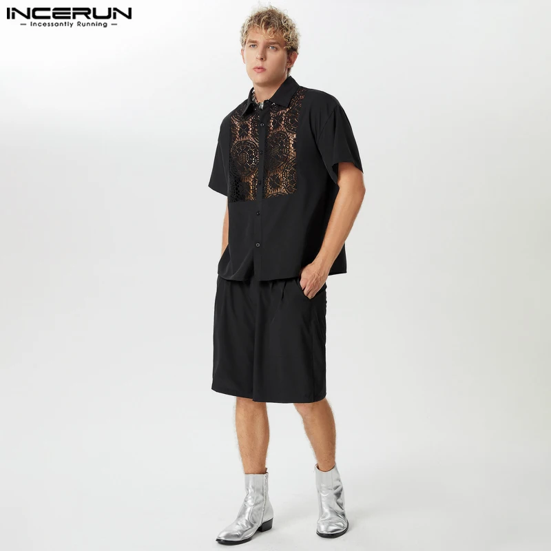 INCERUN Men Sets Lace Patchwork Transparent Lapel Short Sleeve Shirt & Shorts Two Pieces Sets Streetwear Summer 2024 Men\'s Suits