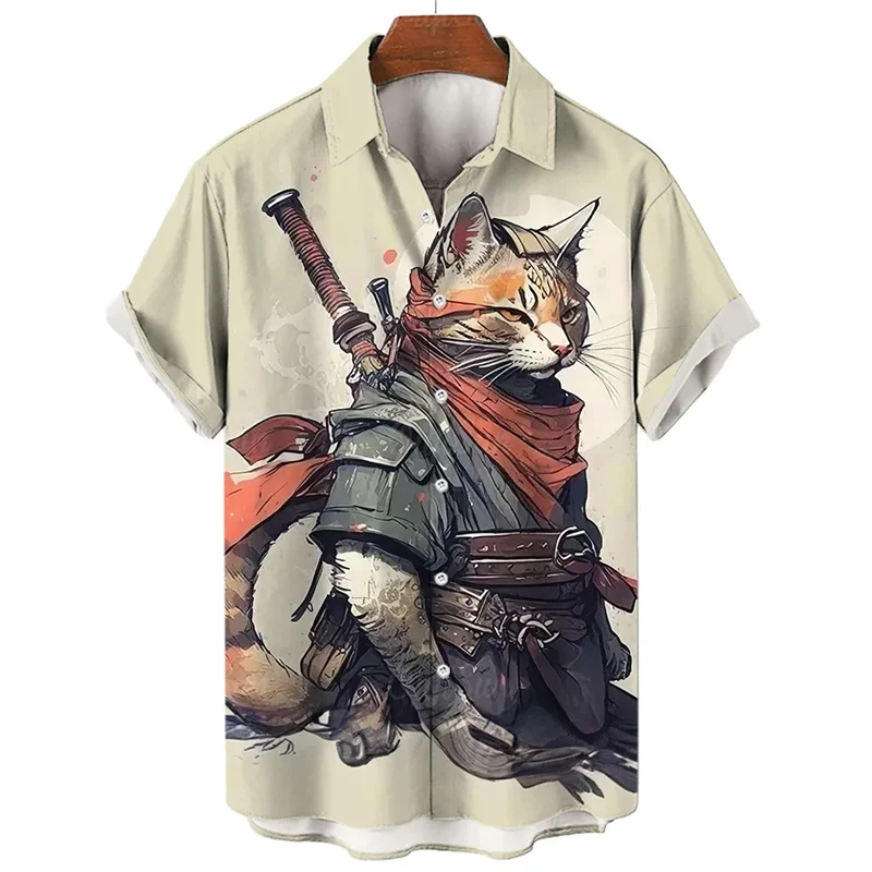 Warrior Pattern Vintage Cat Hawaiian Retro Shirt For Men Casual Summer Man Clothing 3d Print Short Sleeve Beach Blouse Harajuku