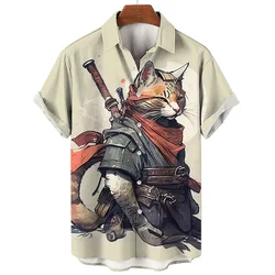 Warrior Pattern Vintage Cat Hawaiian Retro Shirt For Men Casual Summer Man Clothing 3d Print Short Sleeve Beach Blouse Harajuku