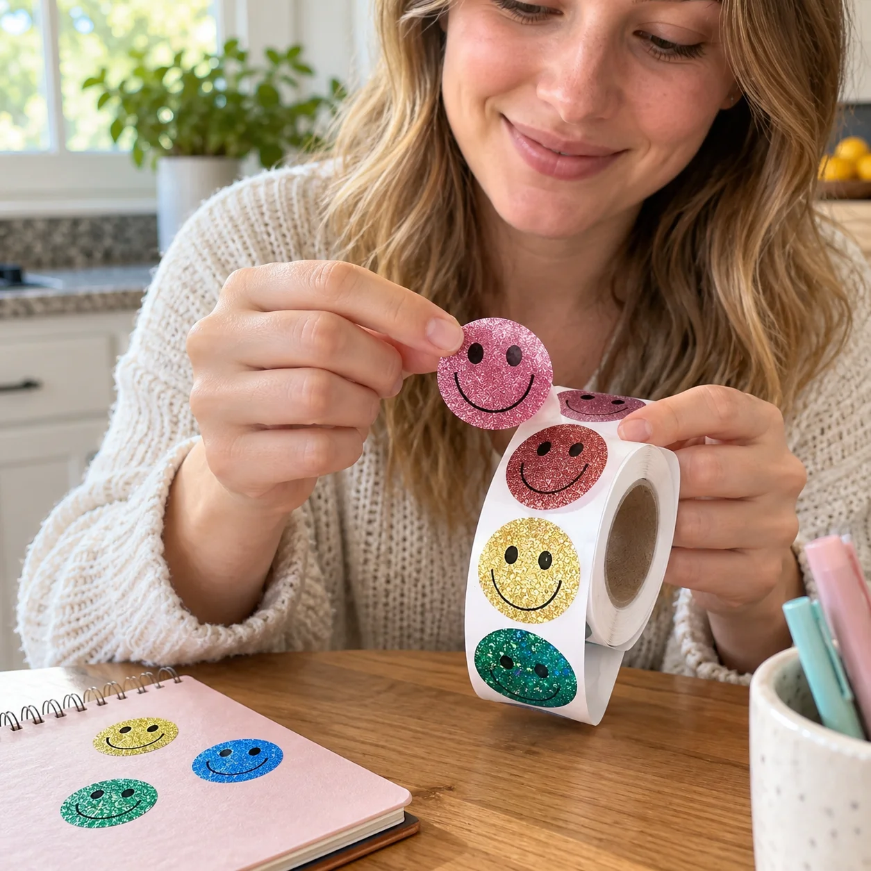 Shiny Colorful Smiley Face Sticker Roll, Waterproof Self Adhesive Paper Labels for Classroom Rewards, Gift Wrapping gift