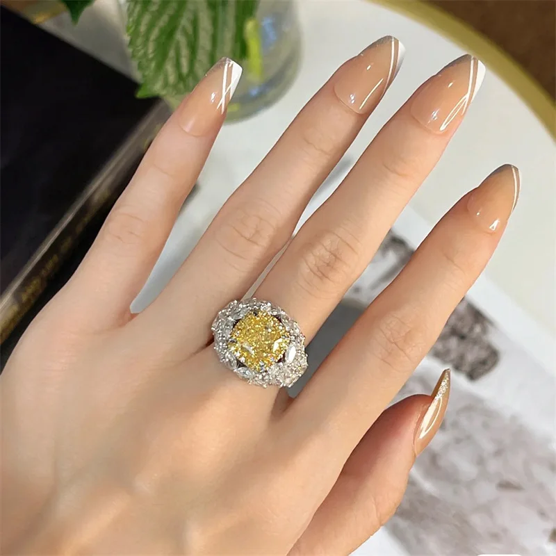S925 silver glittering gemstone yellow diamond ring - luxurious and high-end party jewelry with a touch of sophistication