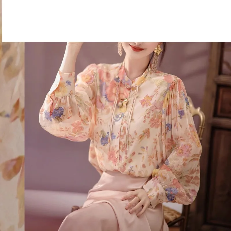 Women's Spring Autumn Turtleneck Floral Printed Lantern Long Sleeve Chiffon T-shirt Button Elegant Cardigan Chinese Style Tops