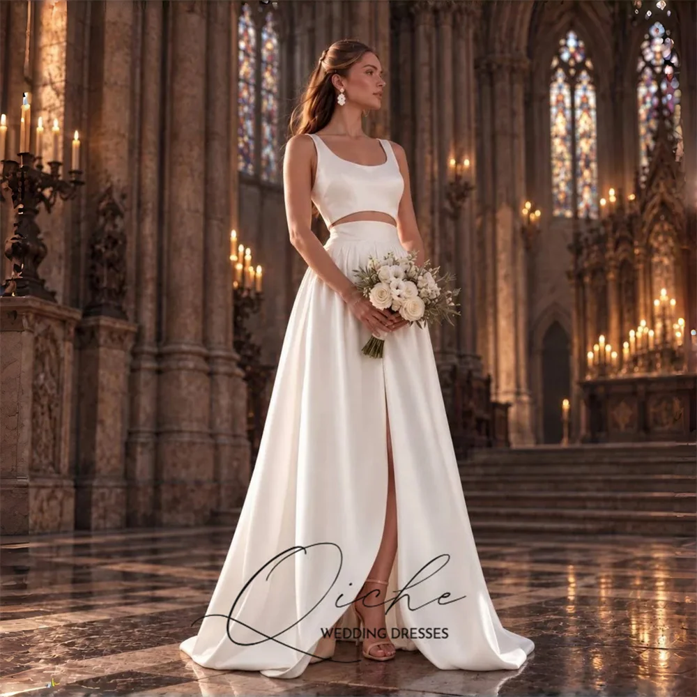 QICHE Modern Satin Two-Pieces A-Line Wedding Dresses 2026 Boat-Neck Spaghetti Straps Bride Gowns Customized Vestidos De Novia