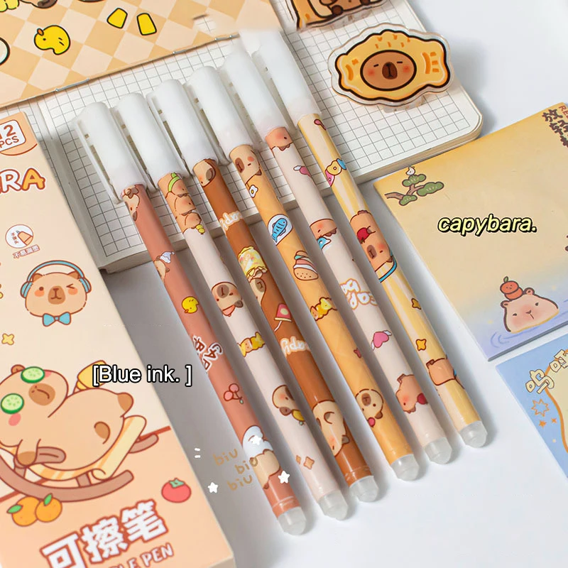 12Pcs Cute Capybara Erasable Pen Blue Ink Writing Smooth Quick-Drying Pens School Office Accessories Students Office Stationery