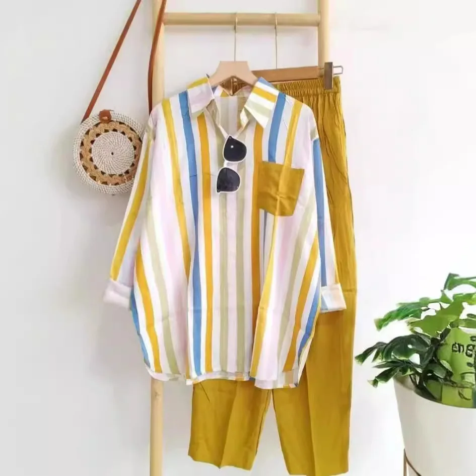 Summer Striped Loose Set Women's Long Sleeve Shirt 2-Piece Casual Comfort