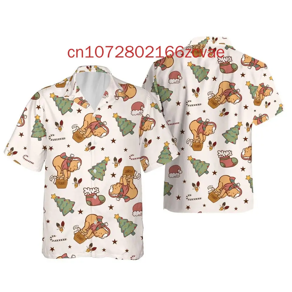 2024 New Disney Christmas Hawaiian Shirt Winnie The Bear Men's And Women's Short Sleeve Button Up Shirt