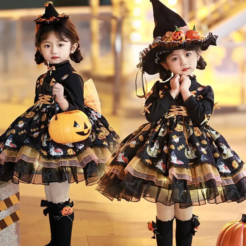 

Осенне-зимнее милое детское бальное платье принцессы для девочек с героями мультфильмов для Хэллоуина, сарафан Лолиты + базовая рубашка, костюм из 2 предметов, праздничная одежда