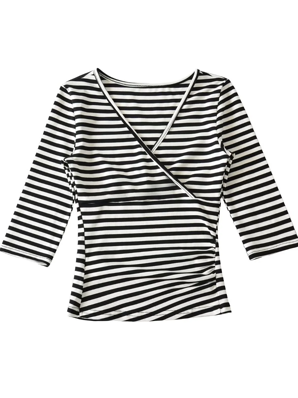 Slim Fit Women's T-shirt V-neck Cross Design 5/8 Sleeve Ultra-wearable Pleated Top High Waist Cotton Polyester Blend