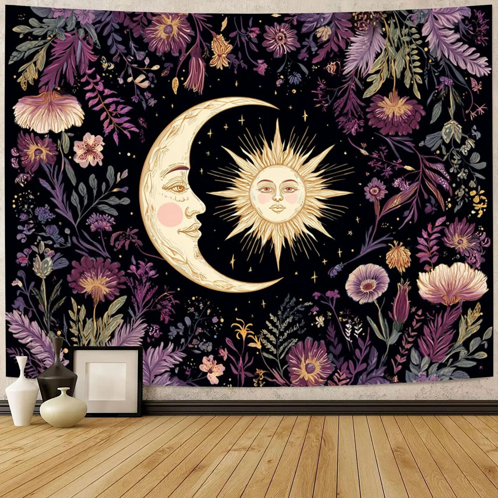 Sun And Moon Tapestry Vintage Bohemian Wall Hanging Sun And Moon Coexistence Floral Swirl Mystical Night Tapestry Wall Hanging P