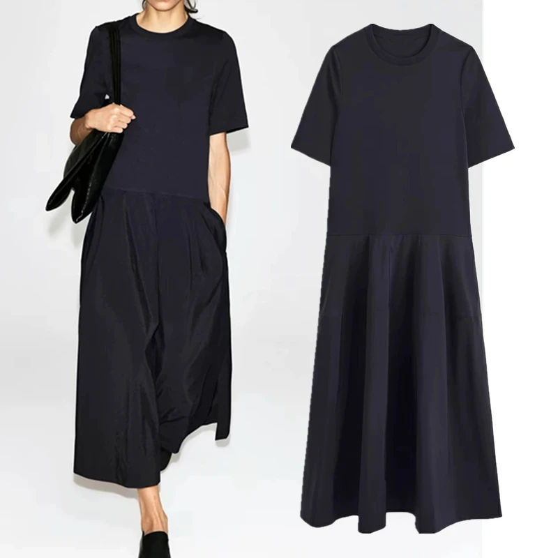 Maxdutti Southern France Elegant Minimalist Women's Casual Low Waist Splicing Medium Length Dress 2026 Autumn New Product Dress