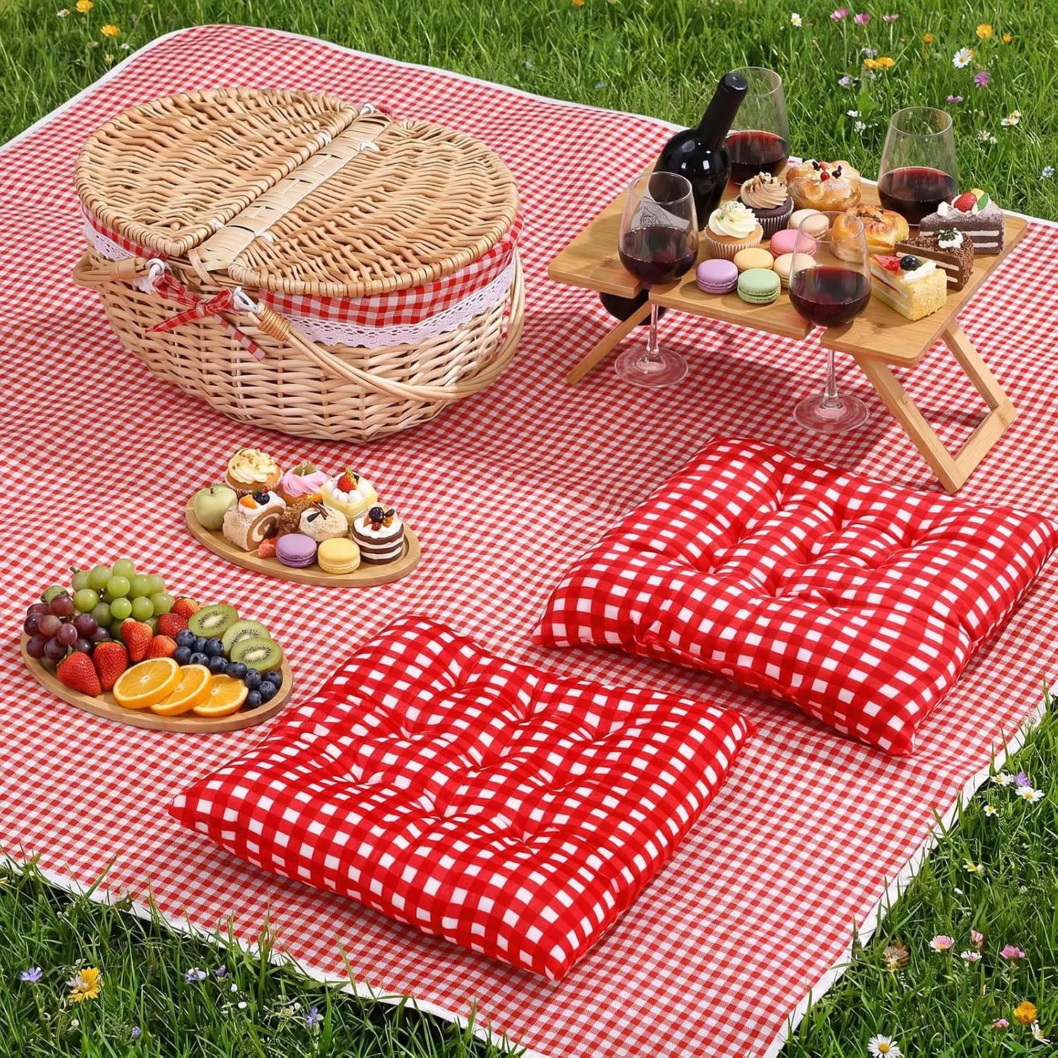 7 Pcs Picnic Basket for 2 with Red Plaid Blanket, Wicker Basket, Bamboo Table, Serving Trays & Pillows Picnic Supplies Essentials Date Set for Outdoor Accessories Wedding Gift Beach Camping
