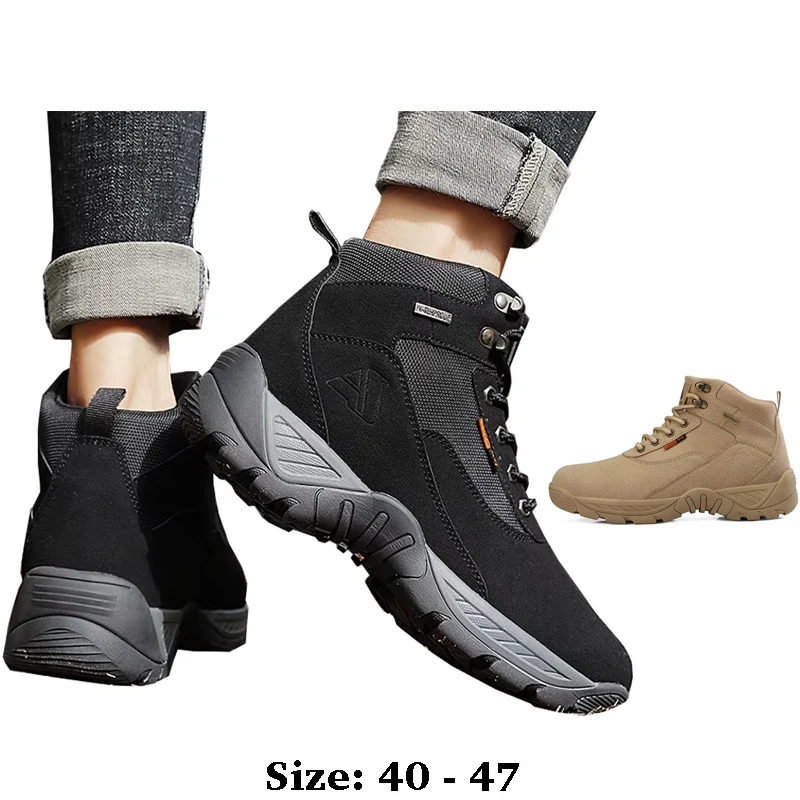 

Высококачественные высокие горные ботинки для мужчин, размер 46, 47, новинка 2025 года, осень-зима, уличная походная повседневная обувь большого размера, черный хаки