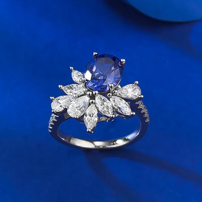 

New S925 Silver Synthetic Sapphire Ring with Elliptical 7 * 9 Ice Flower Design, High Grade Sensation Ring Ring, Jewelry