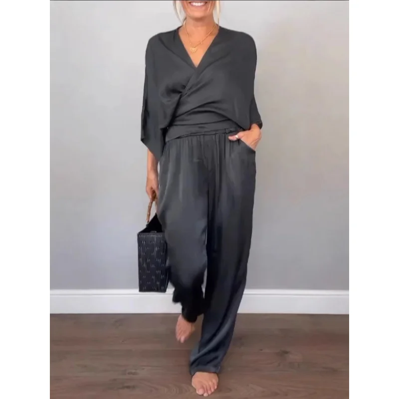 

2025Hot-Selling European and American New Women's Fashion Summer Solid Color Satin Short Sleeve Top and Pants Set