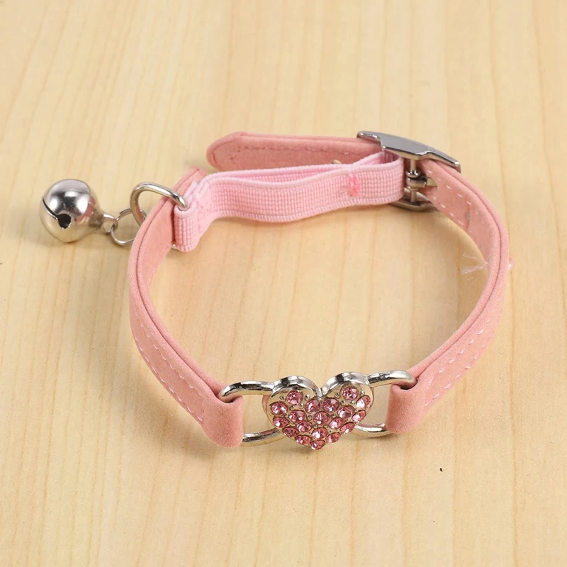 2X Heart Charm And Bell Cat Collar Safety Elastic Adjustable With Soft Velvet Material Collar Pet Product Small S Pink