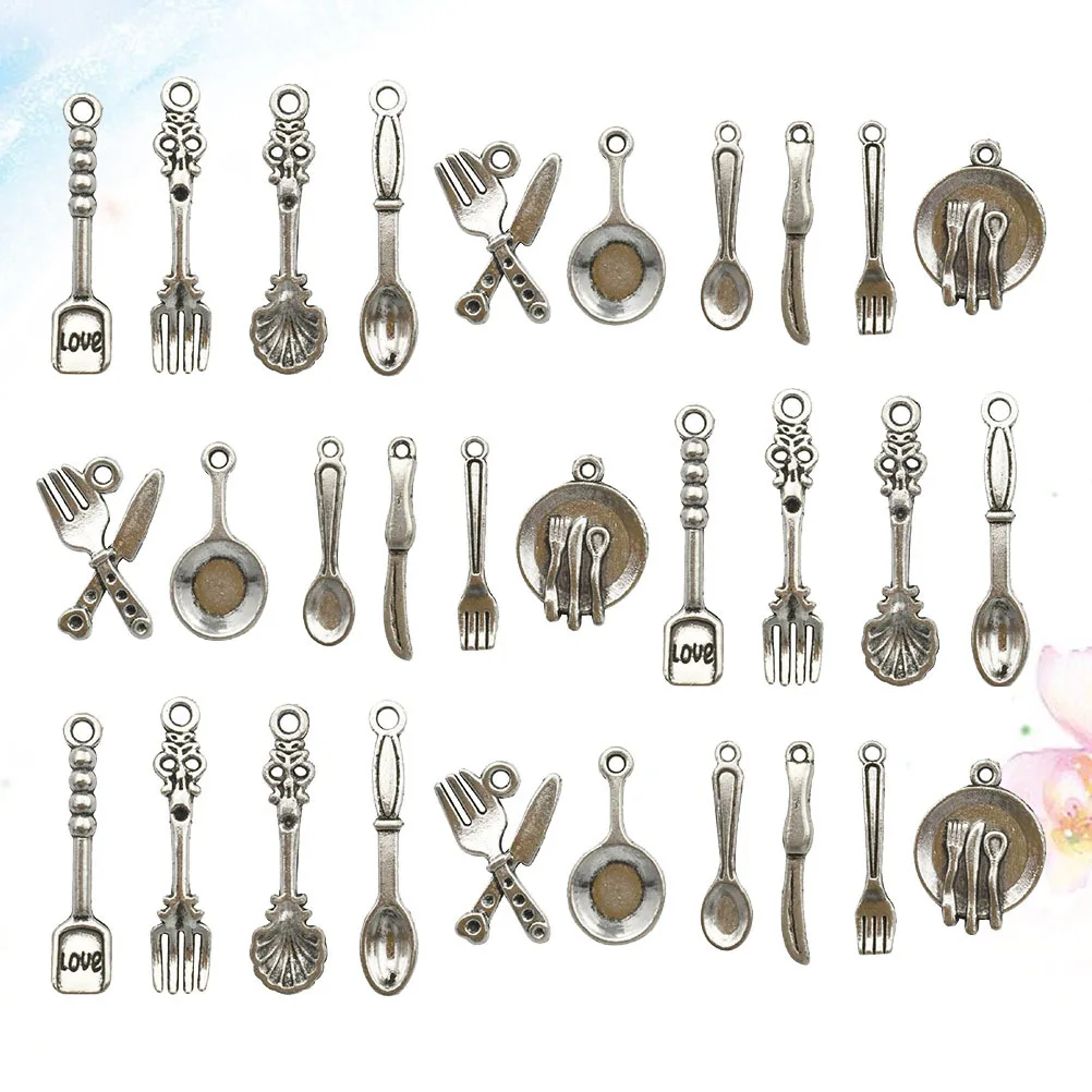 100 Stück Geschirr-Anhänger, DIY-Löffel, Gabel, Schüssel, Schmuckzubehör für Halskette, Armband, Charm, Handwerk, Schmuck, Anhänger-Zubehör