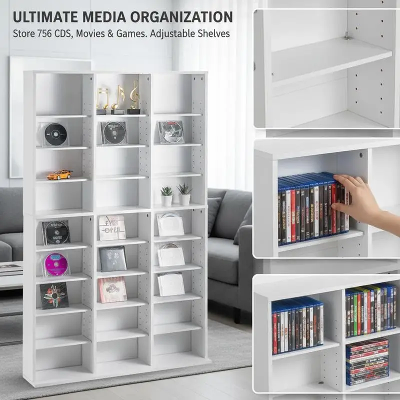 Multimedia Display Rack 9-Layer CD Tower 51x25x7 Inches For Living Room Bedroom Home Office, 756 CD Capacity 27 Adjustable Compartments Wood Grain Texture White Finish
