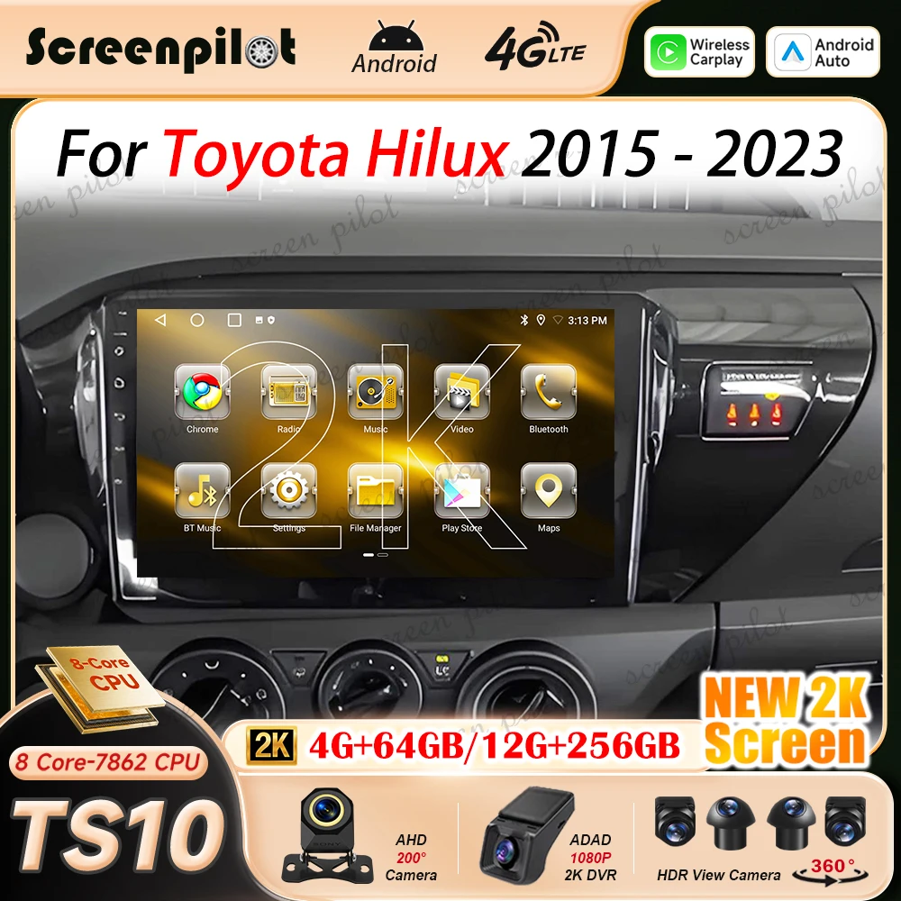 Android 16 Car Radio For Toyota Hilux Pick Up AN120 2015 - 2023 LHD RHD Multimedia Video Player Navigation GPS Head Unit NO DIN
