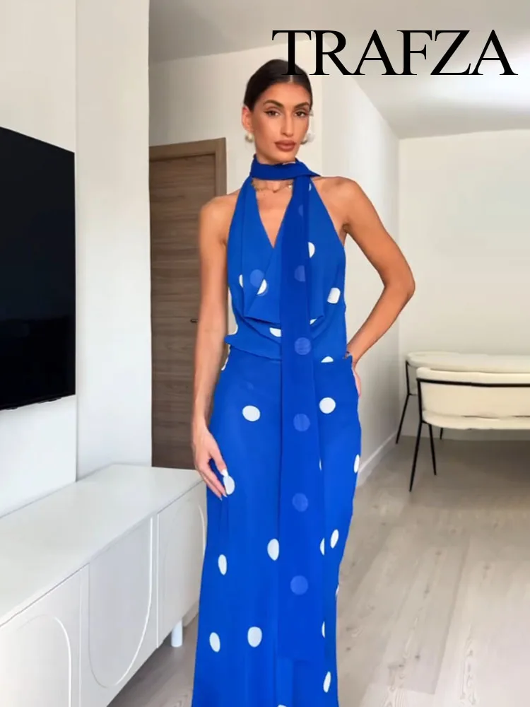 

TRAFZA Women's Summer Beach Style Long Dress Blue Dots Swinging Collar Backless Zipper Female Fashion Sexy Sleeveless Dresses