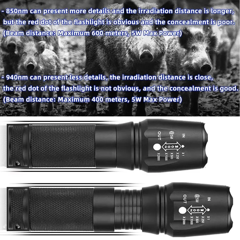 Night vision special infrared light flashlight 26650 lithium battery charging focusing aluminum alloy monitoring light