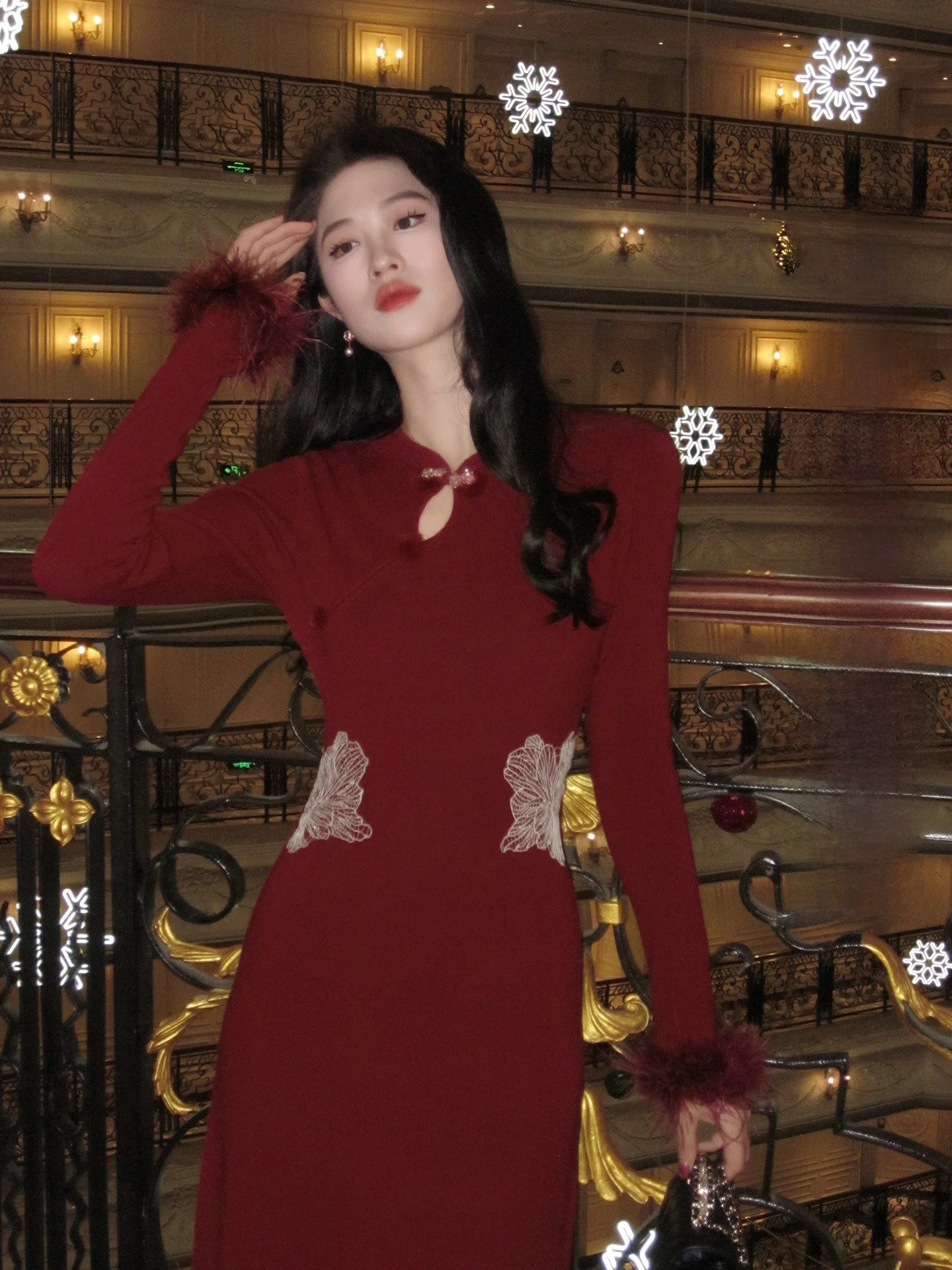 

Красный вязаный Ципао Dr для женщин, зимняя свадьба, новогодний халат с длинным разрезом, традиционный китайский сарафан, Reformзованный LingXian