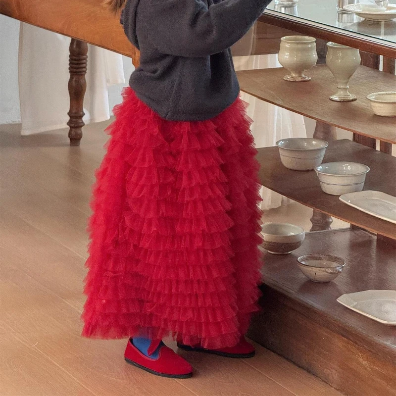 

2025 Autumn New Girls' Red Mesh Cute Atmosphere Suspender Multi-layer Cake Tie Skirt