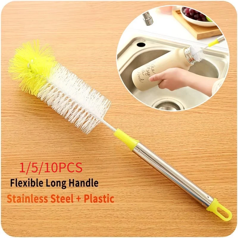 1-10Pcs Flexible Long Handle Bottle Brush Round-Head Cup Cleaner Stainless Steel Handle for Glassware Jar Washing Random Color